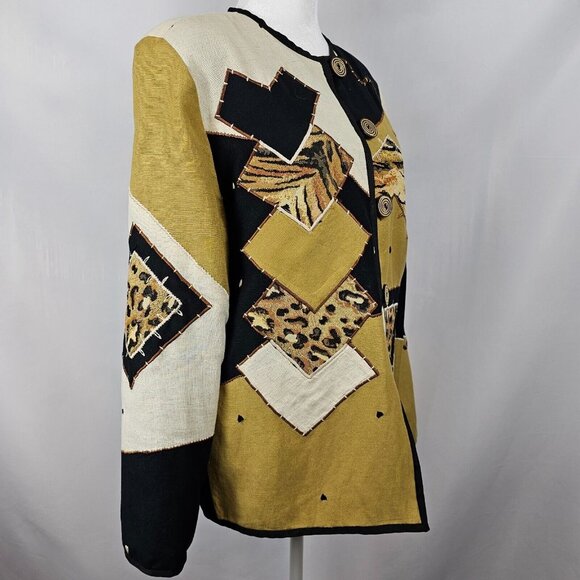 VTG Grandmacore Patchwork Retro Bold Abstract Cheetah Gold Black Cardigan S - Picture 3 of 15